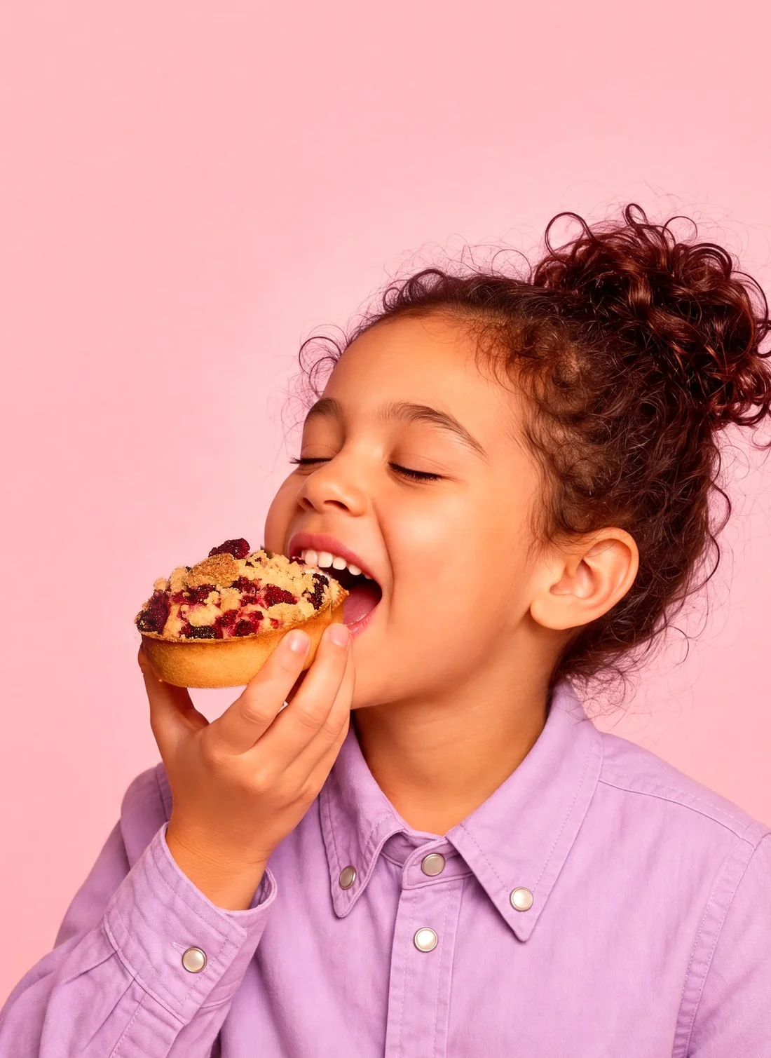 Generated: a young girl bites into the same crumble tart