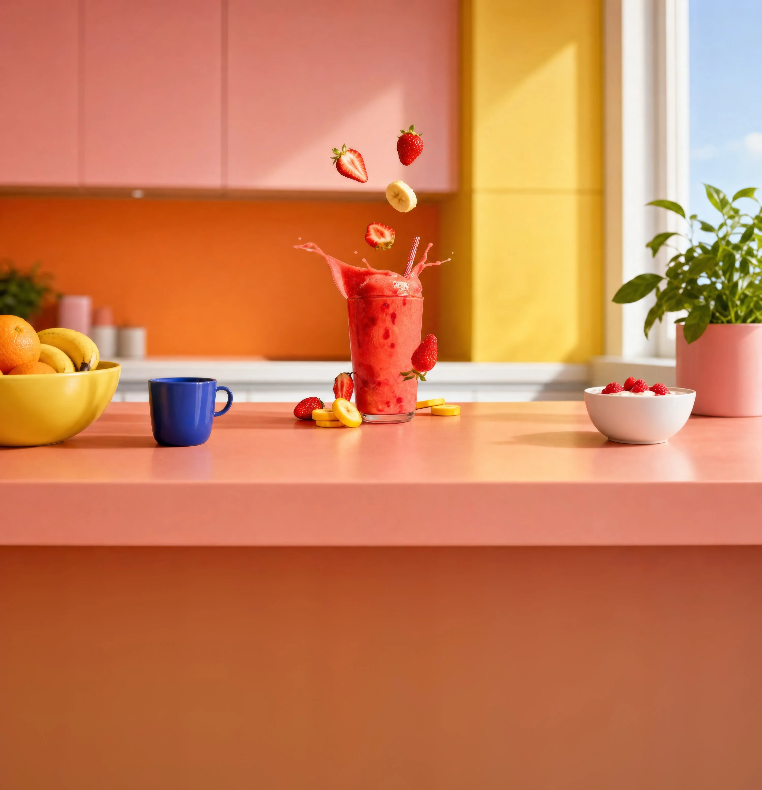The same smoothie on a coral counter in a bright, colourful kitchen, with a bowl of fruit, a blue mug and a plant by the window